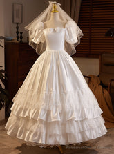 White Satin Square Puff Sleeve Vintage Wedding Dress